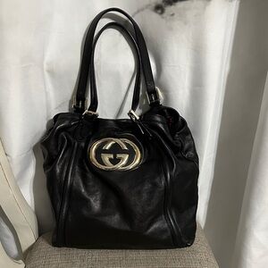 Gucci Black Leather Shoulder Bag with Gold Accents
